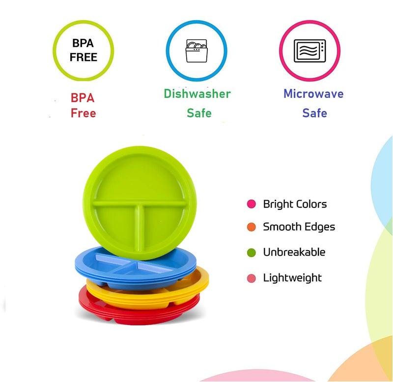 Plaskidy 3 - Compartment Divided Plates for Kids - Set of 12 Plastic Children Trays for Eating with Dividers - 4 Bright Colors (3 of Each Color) Dishwasher Microwave Safe BPA Free for Toddler and Kids - Image 4